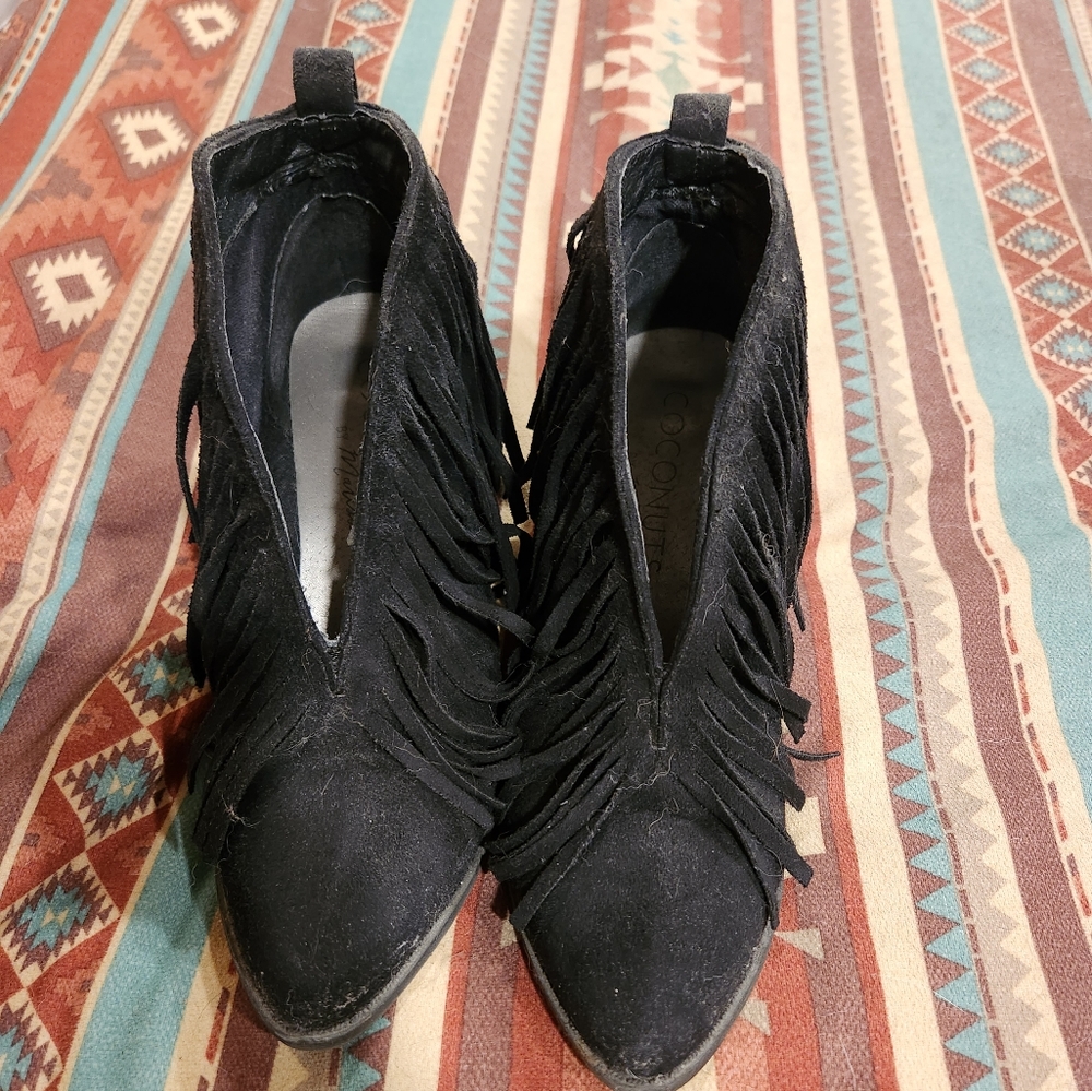 Black suede fringe booties